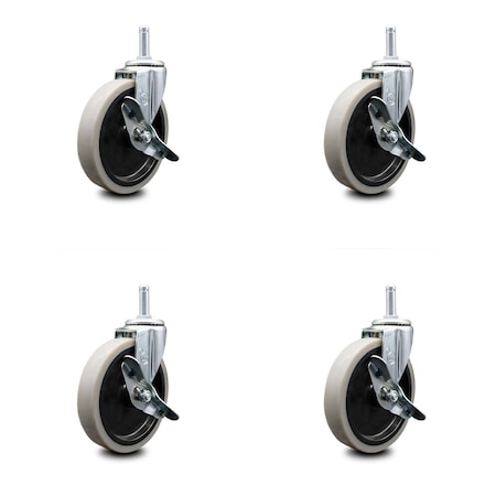 Service Caster 5 Inch Thermoplastic Wheel 1-3/8 Inch Grip Ring Stem Caster with Brakes, 4PK SCC-GR05S510-TPRS-SLB-716138-4
